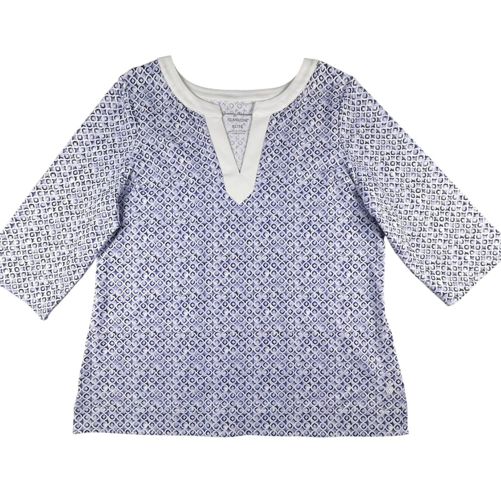 Tommy Bahama Top Women XL Blue IslandZone Geometric Split Neck 3/4 Sleeve